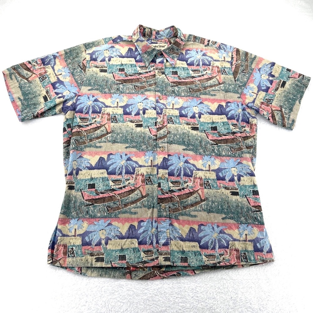 Cooke Street Button Down Camp Shirt Men Large Hawaiian Canoe Palm Vaca Beach VTG